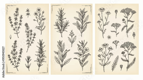 Vintage botanical illustrations of various plants.