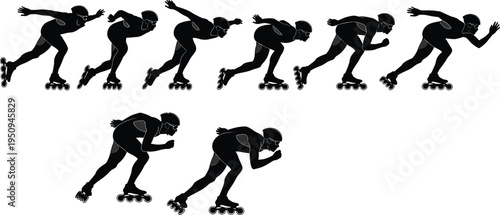 Black silhouette sequence of an inline speed skater athlete performing various professional racing postures and movement phases on a white background.