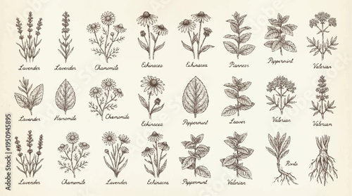 Botanical illustration of various herbs and plants.