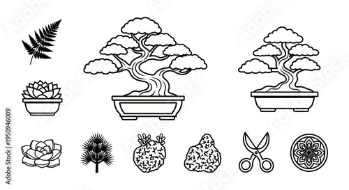 Bonsai Art and Gardening Plants Vector Icons in Black and White Line Art Style