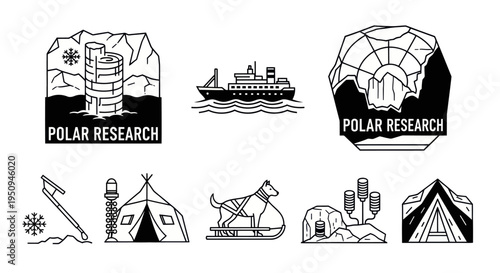 Black  White Line Art Icons for Polar Research and Arctic Expedition