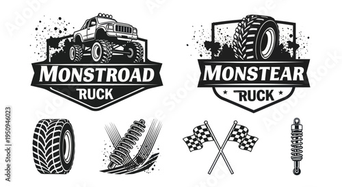 Black and White Vintage Automotive Monster Truck Off-road Race Emblems and Suspension Parts