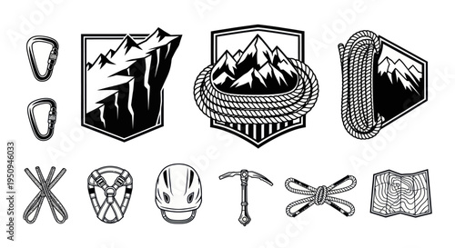 Black  White Line Art Mountaineering Climbing Gear  Badges Vector Icon Set