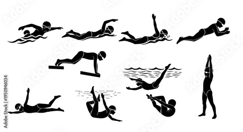 Swimming Sport Glyphs Set: Black  White Swimmers Silhouettes and Water Activities Vector Icons