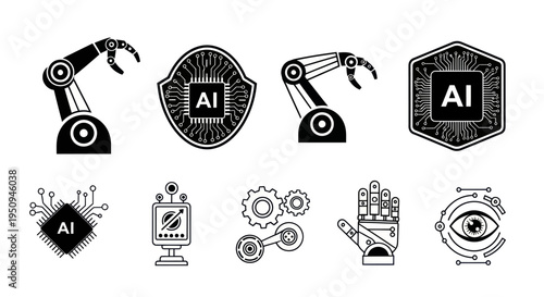 Artificial Intelligence Robotics Technology Automation Black and White Glyph Icons Set