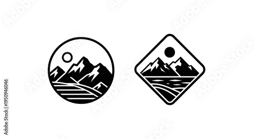 Black and white mountain landscape logos in circle and diamond shapes
