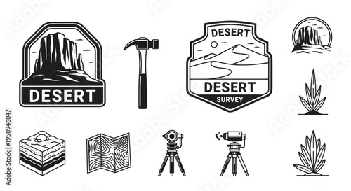 Desert Survey Equipment and Icons, Line Art Style