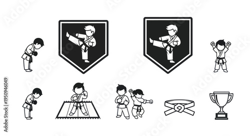 Karate Kids Icons: Martial Arts Training, Sport, Belt, Trophy, Line Art