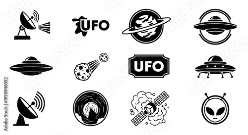 UFO Alien Space Glyph Icons Set - Black and White Extraterrestrial Symbols