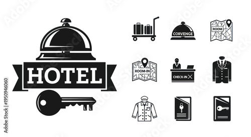 Hotel Icons Set - Black and White Glyph Style for Hospitality Industry