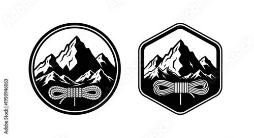Black and white mountain and rope emblem, climbing adventure logo
