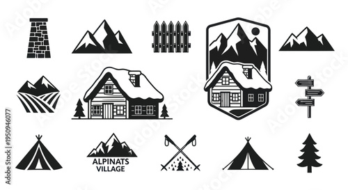 Mountain Cabin and Camping Icons: Black and White Vector Set