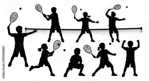 Children Playing Tennis Silhouette - Sports  Recreation Vector