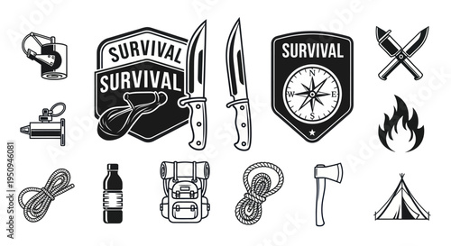Survival Gear Icons: Knife, Compass, Axe, Tent, Rope, Fire, Backpack, Bottle