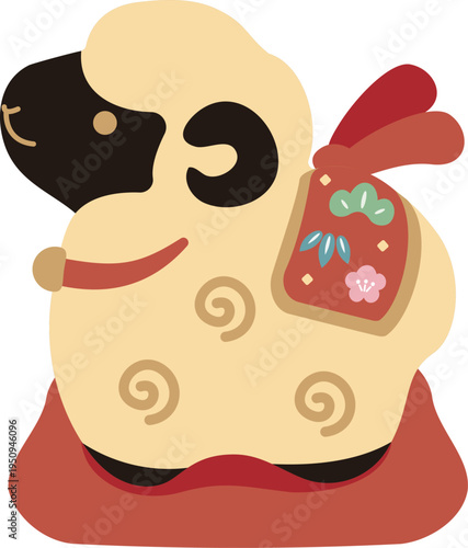 年賀2027　未年の干支の羊の土鈴イラスト　年賀状素材　正月　松竹梅　飾り　アイコン　デザイン素材