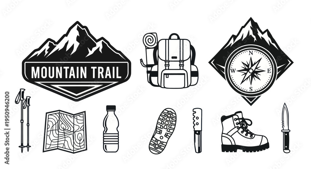 Fototapeta premium Black White Line Art of Mountain Trail Hiking Gear and Compass