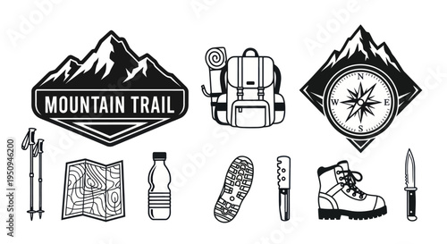 Black  White Line Art of Mountain Trail Hiking Gear and Compass