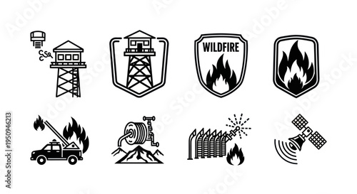 Wildfire fighting icons: fire tower, truck, satellite, hose, flames, vector
