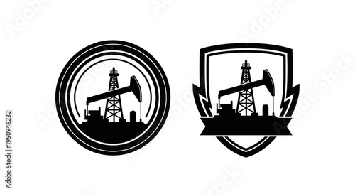 Black  White Oil Pumpjack Logo Icons: Industry, Energy, Resource