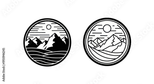 Mountain Landscape Circle Icons, Black and White Line Art