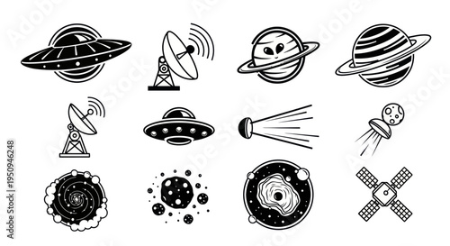 Black and White Space Icons: UFOs, Planets, Satellites, and Asteroids