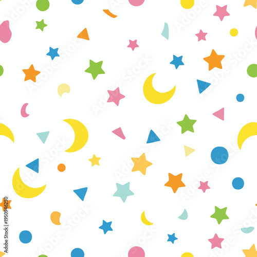 A seamless pattern of colorful geometric shapes and celestial elements scattered on a white background