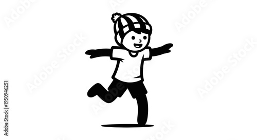 Black and white line art of a child playing in a winter hat