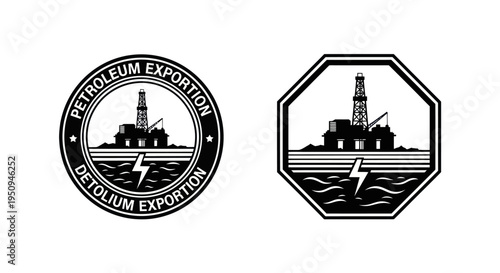 Offshore oil rig platform emblem black and white vector badge petroleum energy industry logo