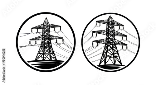 Black and white vector illustration of power line towers