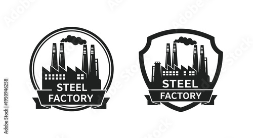 Black and White Steel Factory Icons for Industry and Manufacturing