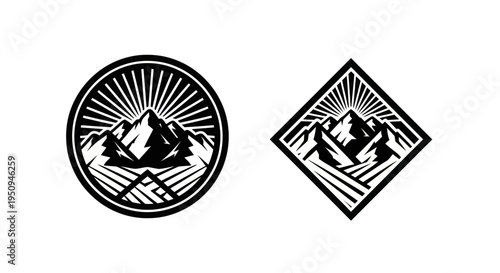 Retro Mountain Logo. Outdoor Adventure Black and White Emblem.
