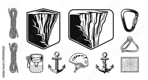 Black and White Vector Icons of Rock Climbing Gear and Cliff Face