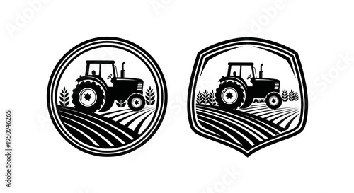 Black  White Tractor in Field Logo, Agriculture Icon, Farming Symbol