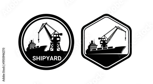 Shipyard Icon: Crane Loading Cargo Ship, Black and White Vector Art