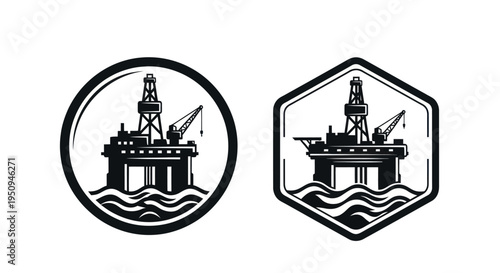 Black and white oil rig logo in circle and hexagon, energy industry