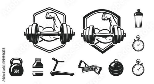 Fitness Gym Icon Set Biceps Dumbbell Bodybuilding Black White Art