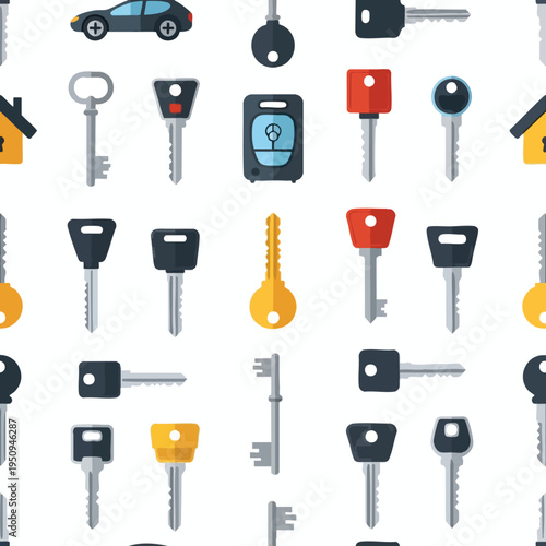A repeating pattern of various keys, key fobs, and a car