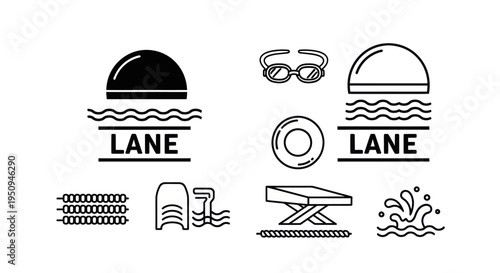 Black and White Line Art Icons of Swimming Pool Equipment and Lane Markers