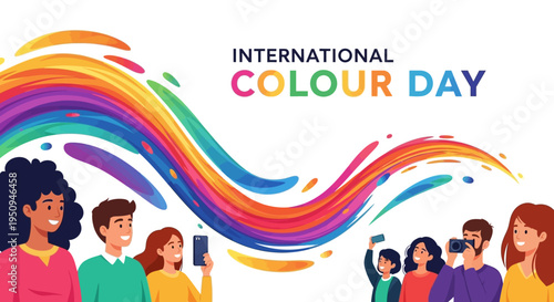 Illustration of diverse people celebrating International Colour Day with colorful wavy lines and vibrant hues on a white background, promoting color awareness and joy.