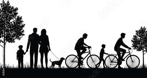 Family outdoor activity silhouette with parents, children, bicycles and dog walking in park landscape, healthy lifestyle concept with trees and nature background illustration