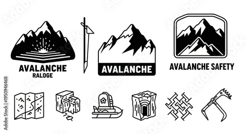 Avalanche Safety Icons - Mountain Snow Travel, Rescue, Gear Line Art
