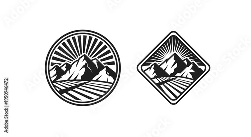 Mountain Landscape Emblem in Circle and Square, Retro Style Vector