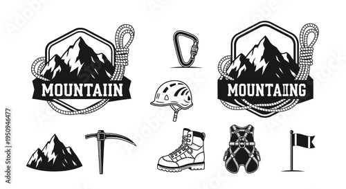 Black and White Mountain Climbing Icons  Emblems