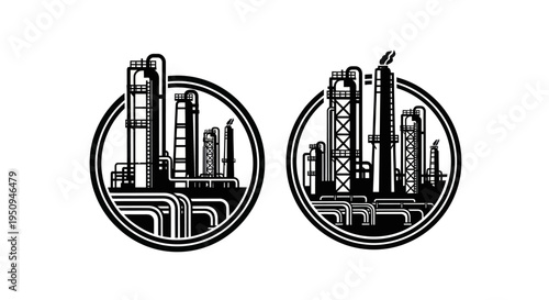 Black and White Vector Logo of Industrial Oil Refinery Plant Icons