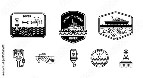 Nautical Navigation Symbols: Buoys, Ships, Current Meters  Depth Gauges - Line Art