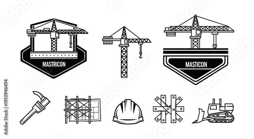 Construction Industry Icons: Cranes, Tools, Helmet, Bulldozer Black and White Line Art