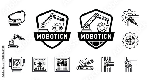 Black and White Line Art Icons of Robotics and Automation Industry