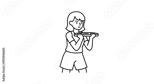 Young Woman Playing Tennis with Racquet, Sports, Active Lifestyle, Line Art