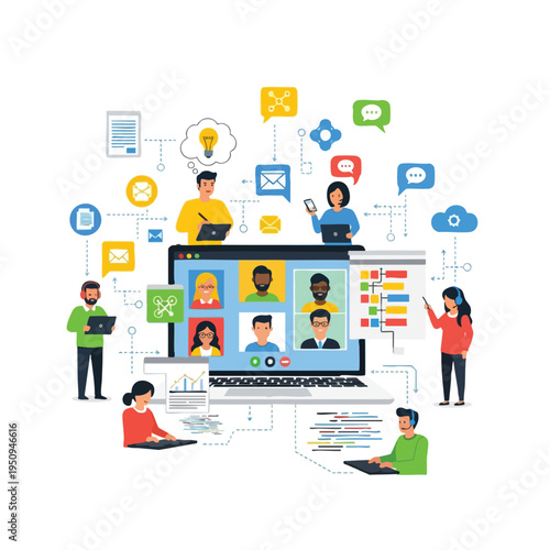 Diverse people collaborate online via video conference, devices, and communication icons
