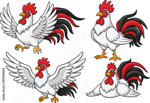 Cartoon Rooster Vector Set with White Body Red Comb and Black Tail Feathers in Flying Standing and Sitting Poses Illustration